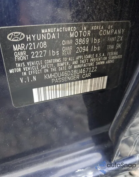 2008 Hyundai Elantra Gls from USA, damaged, VIN KMHDU46D28U467122